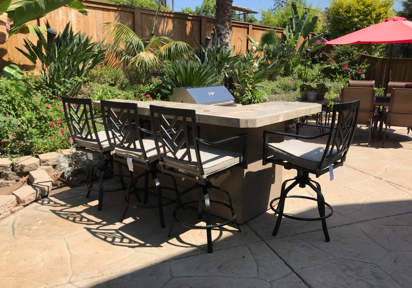 L-Shape BBQ Island With Bar Seating and 4 Burner Built-in BBQ Grill