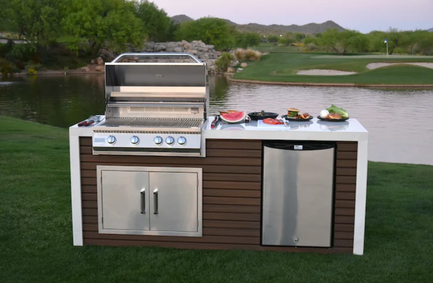 Classic Shiplap Outdoor Kitchen KoKoMo Grill with Waterfall Edge