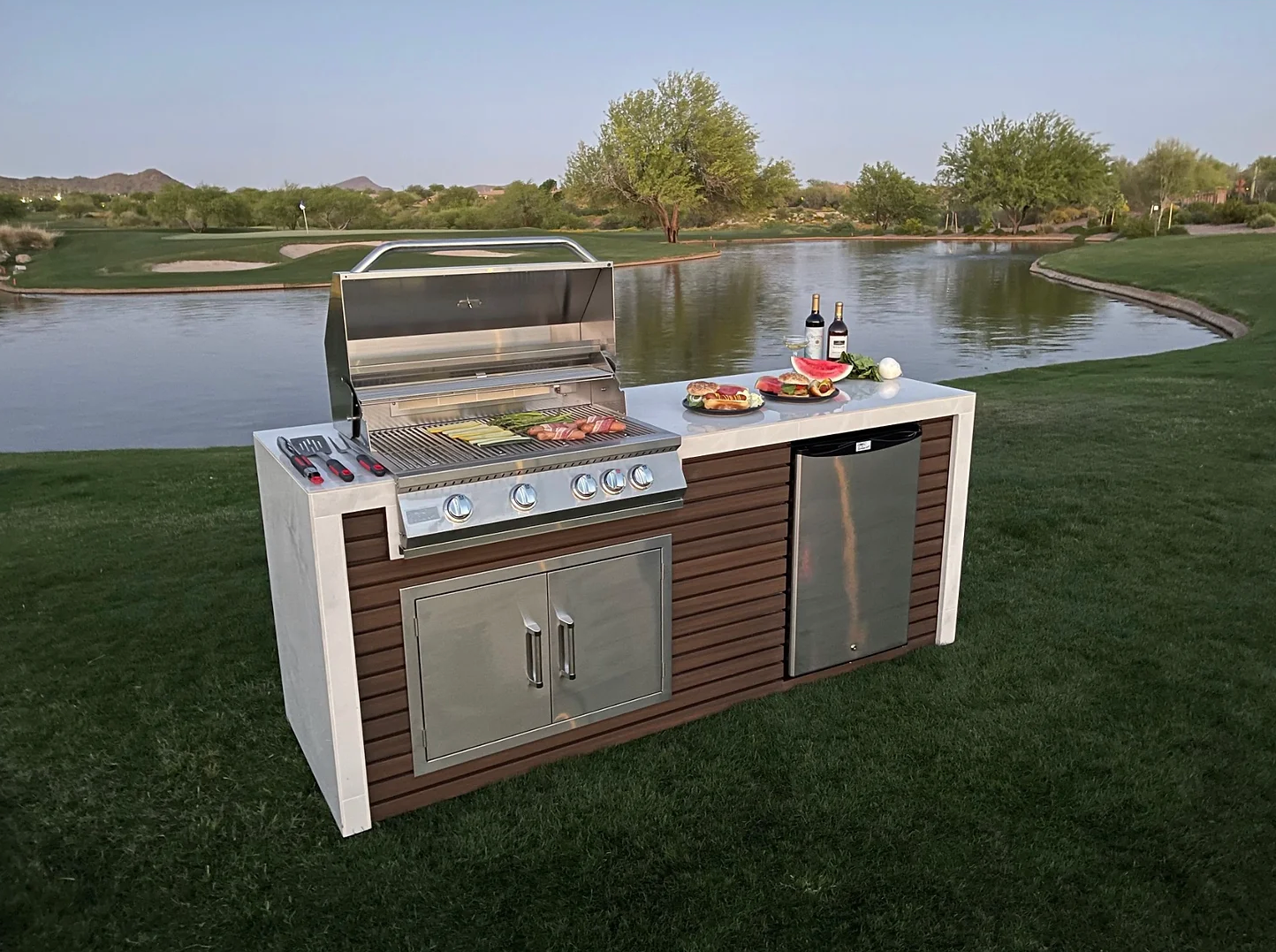 Classic Shiplap Outdoor Kitchen KoKoMo Grill with Waterfall Edge
