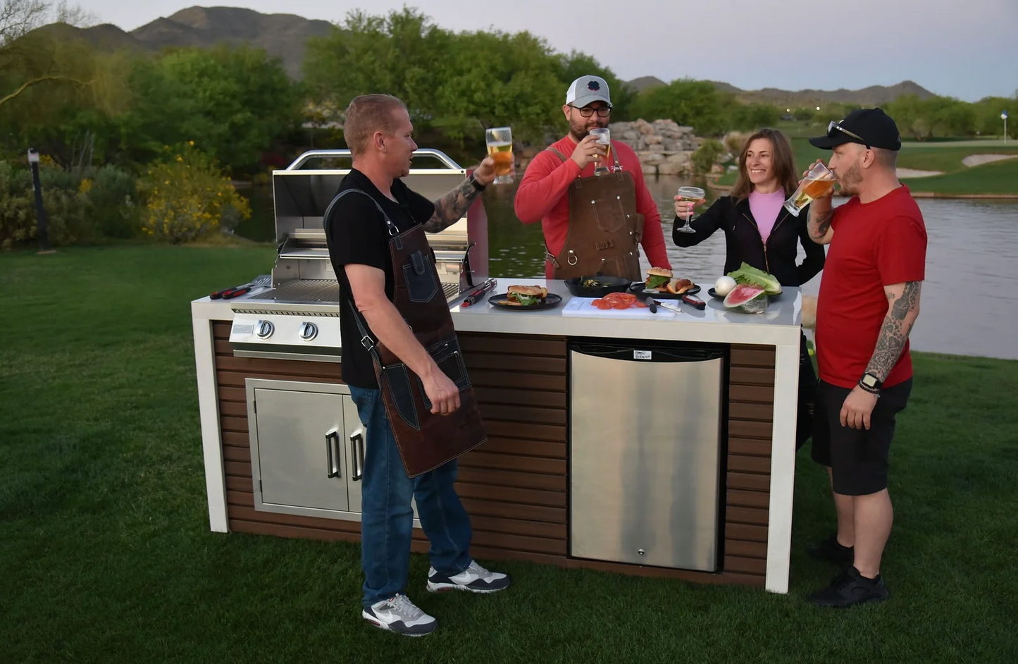 Classic Shiplap Outdoor Kitchen KoKoMo Grill with Waterfall Edge