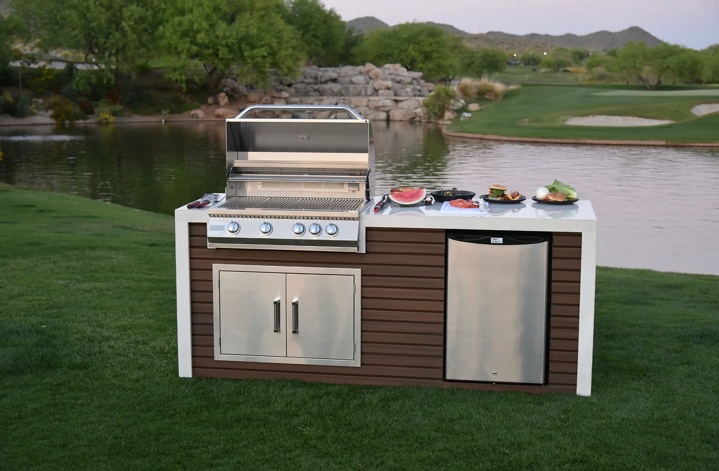 Classic Shiplap Outdoor Kitchen KoKoMo Grill with Waterfall Edge