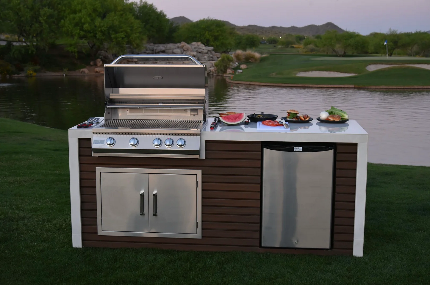 Classic Shiplap Outdoor Kitchen KoKoMo Grill with Waterfall Edge