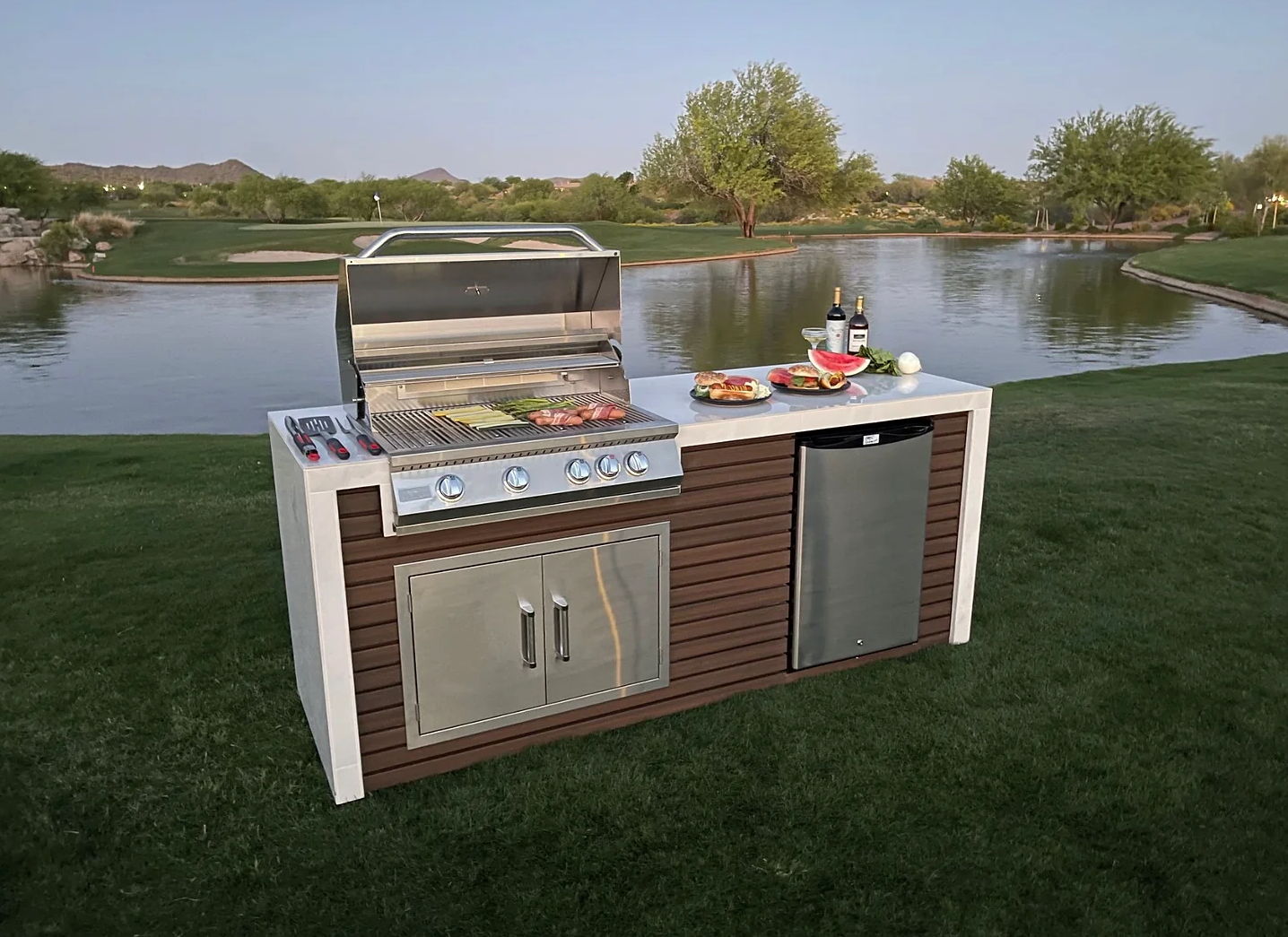 Classic Shiplap Outdoor Kitchen KoKoMo Grill with Waterfall Edge