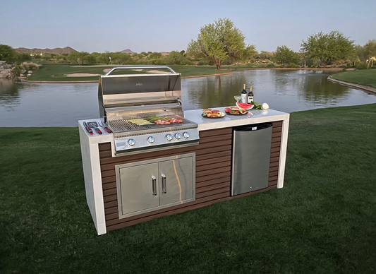 Classic Shiplap Outdoor Kitchen KoKoMo Grill with Waterfall Edge