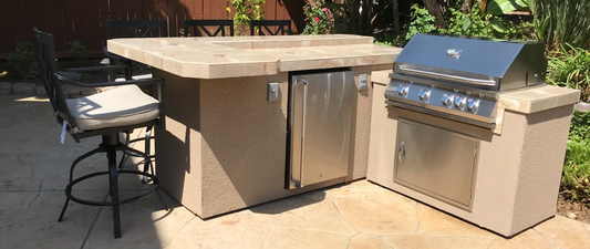 L-Shape BBQ Island With Bar Seating and 4 Burner Built-in BBQ Grill