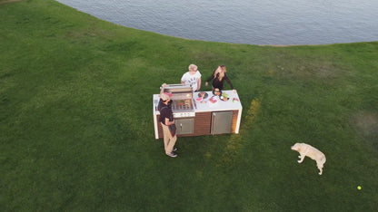 Classic Shiplap Outdoor Kitchen KoKoMo Grill with Waterfall Edge